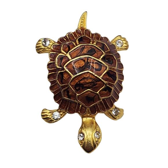 Small Turtle Brooch Tortoise Brown Enamel Gold Rhinestone Pin Premier Designs - Picture 2 of 5